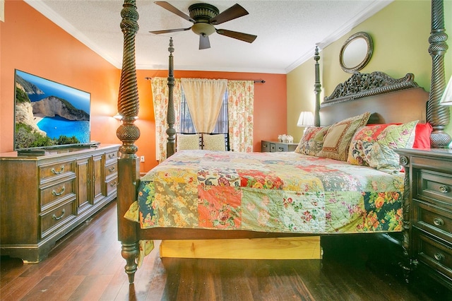 bedroom with ceiling fan, a textured ceiling, dark hardwood / wood-style floors, and crown molding