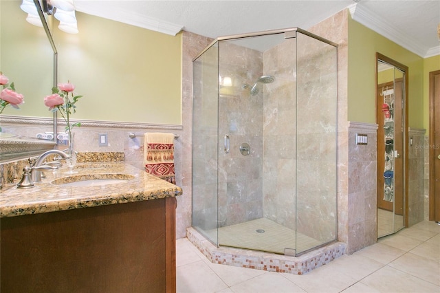 bathroom with walk in shower, tile walls, and crown molding