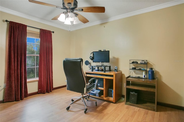 office featuring crown molding, ceiling fan, and light hardwood / wood-style flooring