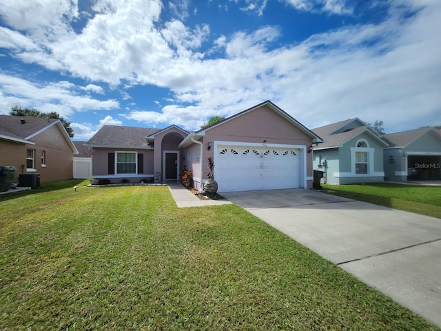 ranch-style home featuring central AC, a front lawn, and a garage