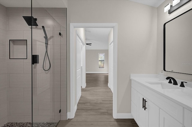 bathroom with vanity, a shower with shower door, and hardwood / wood-style flooring