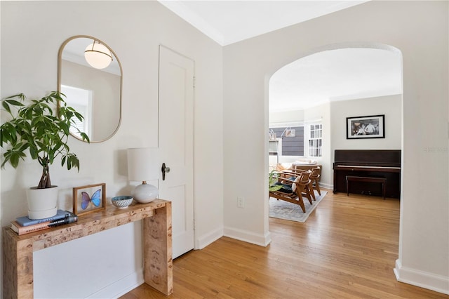 hallway featuring light wood-type flooring, ornamental molding, and a wealth of natural light