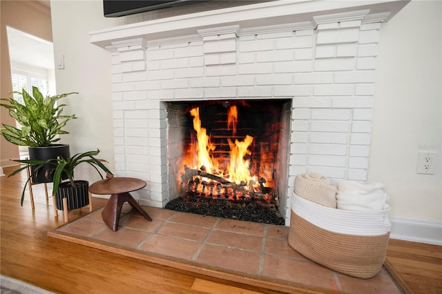 interior details featuring a fireplace and hardwood / wood-style floors