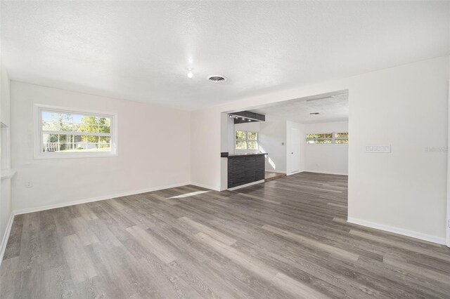 unfurnished living room with a textured ceiling, hardwood / wood-style flooring, and plenty of natural light