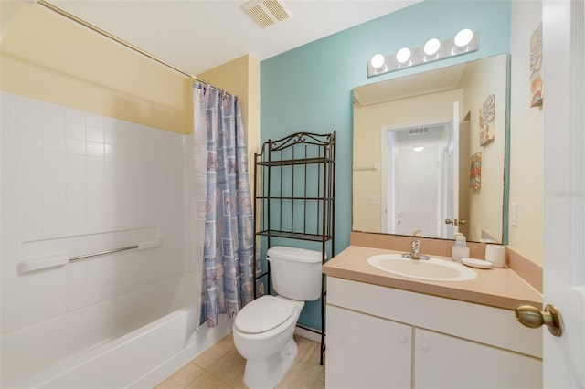 full bathroom with toilet, shower / bath combo with shower curtain, vanity, and tile patterned flooring