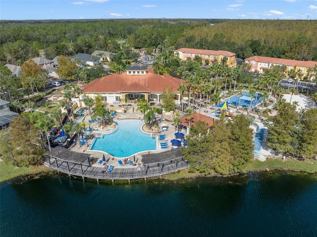 birds eye view of property featuring a water view