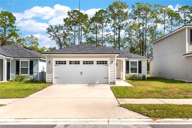 view of front of home featuring a front yard and a garage