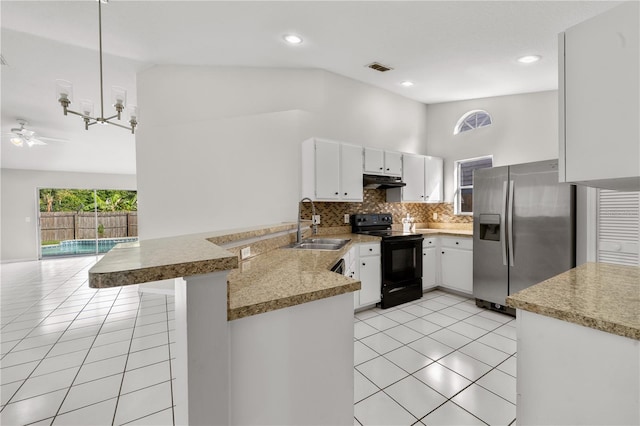 kitchen with kitchen peninsula, black range with electric stovetop, stainless steel fridge with ice dispenser, white cabinetry, and decorative light fixtures