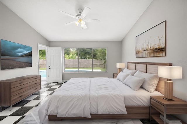 bedroom with tile patterned floors, lofted ceiling, access to exterior, and ceiling fan