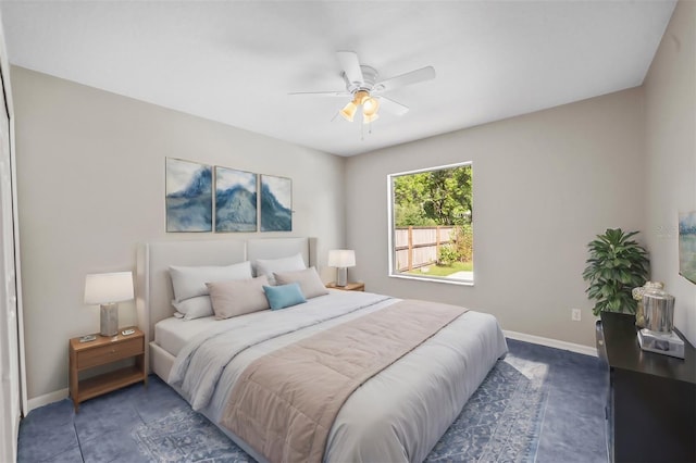 bedroom featuring baseboards and ceiling fan