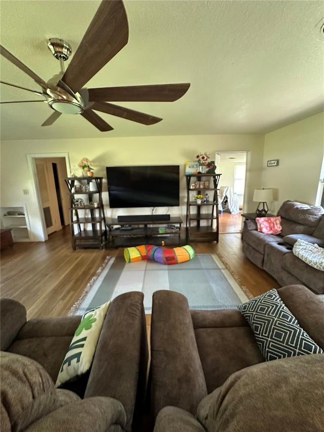 living room with hardwood / wood-style floors and a textured ceiling