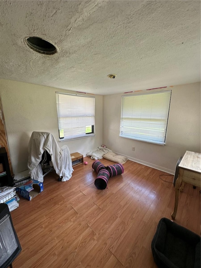 sitting room featuring wood-type flooring and a textured ceiling