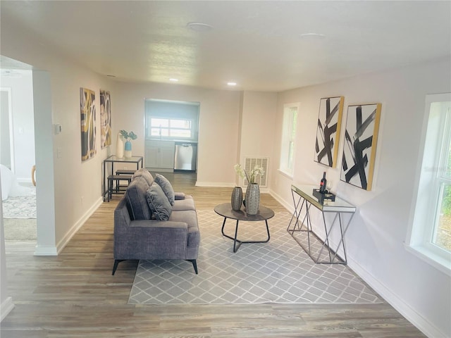 living area featuring wood-type flooring and a healthy amount of sunlight