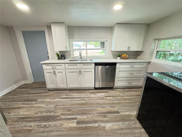 kitchen with sink, stainless steel dishwasher, plenty of natural light, light hardwood / wood-style floors, and white cabinets