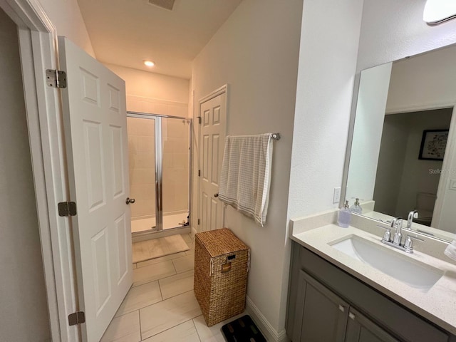 bathroom with vanity, toilet, tile patterned floors, and an enclosed shower