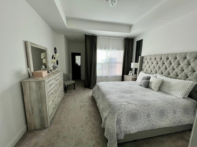 bedroom with carpet and a raised ceiling