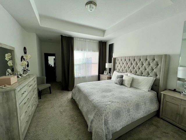 bedroom featuring light carpet and a tray ceiling