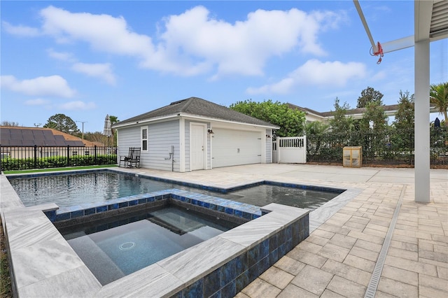 view of pool with a fenced in pool, a patio area, fence, and an in ground hot tub