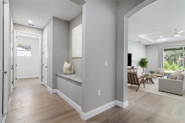 hallway with plenty of natural light, light hardwood / wood-style floors, and a raised ceiling