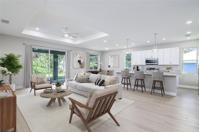 living room with light hardwood / wood-style floors, a tray ceiling, and a healthy amount of sunlight