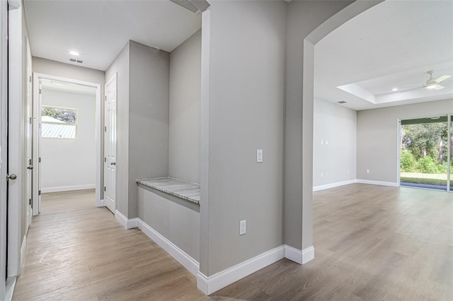 hallway with a healthy amount of sunlight, a raised ceiling, and light hardwood / wood-style floors