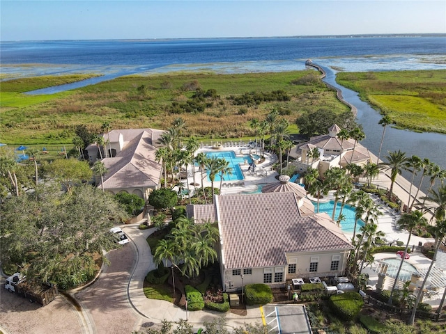 drone / aerial view featuring a water view