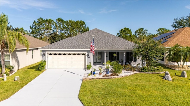 ranch-style house with a front lawn and a garage