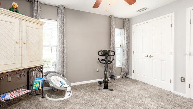 exercise area with ceiling fan, plenty of natural light, and carpet floors