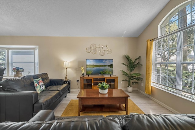 living room featuring lofted ceiling, a textured ceiling, and light wood-type flooring