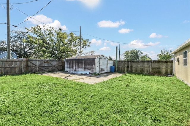 view of yard with a shed and a patio area