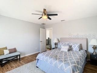 bedroom with ceiling fan and wood-type flooring