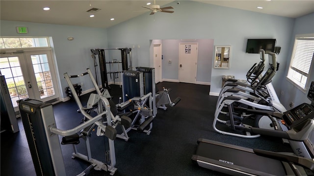 workout area with french doors, vaulted ceiling, and ceiling fan