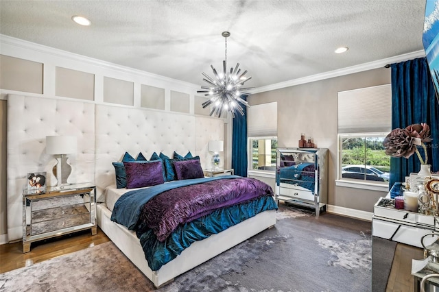 bedroom with crown molding, multiple windows, a textured ceiling, and dark hardwood / wood-style flooring