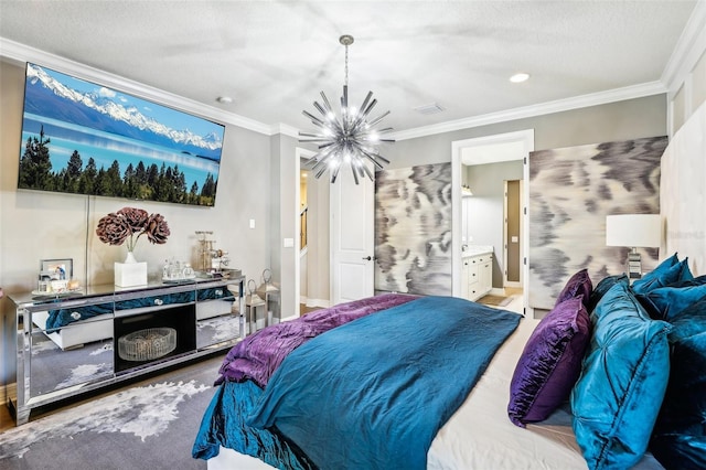 bedroom featuring ornamental molding, hardwood / wood-style floors, a textured ceiling, and an inviting chandelier