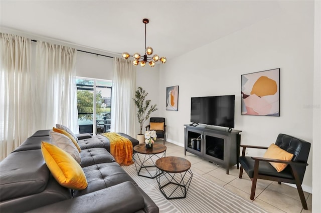 living room with a chandelier and light tile patterned floors