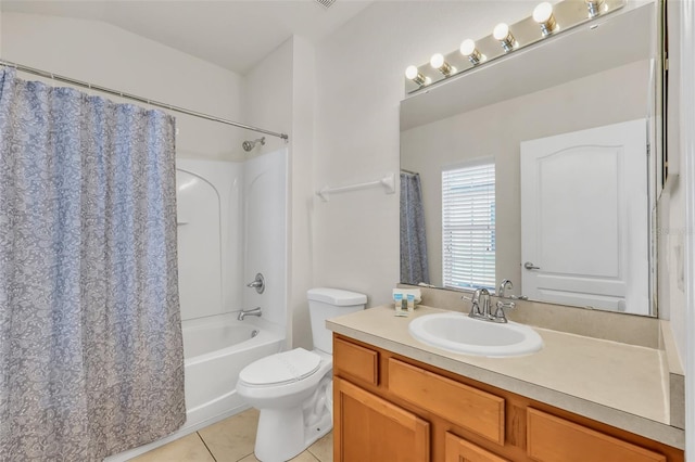 full bathroom featuring vanity, toilet, shower / bath combination with curtain, and tile patterned flooring