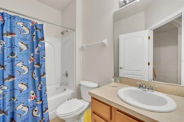 full bathroom featuring vanity, toilet, and shower / bathtub combination with curtain