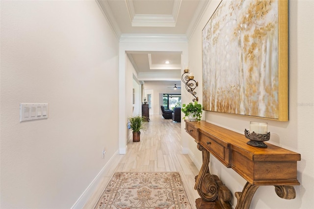 hall featuring light hardwood / wood-style flooring and crown molding