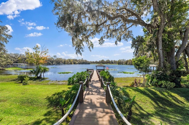 dock area with a lawn and a water view