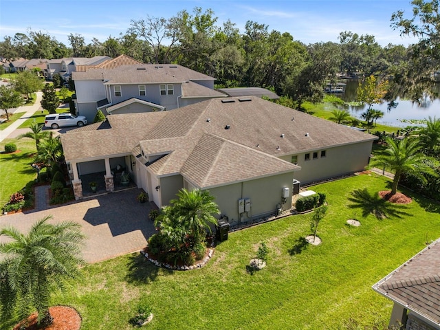 aerial view featuring a water view