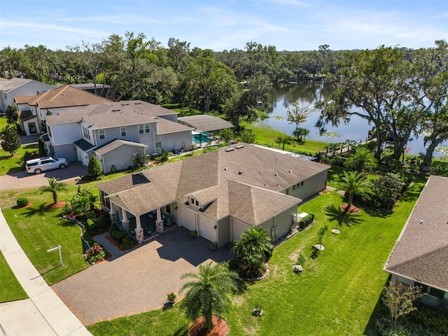 drone / aerial view featuring a water view