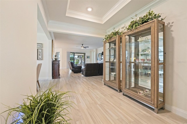 hall with light hardwood / wood-style floors, ornamental molding, and a tray ceiling