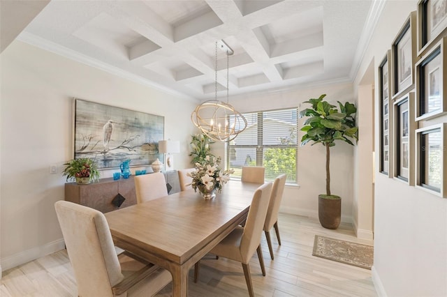 dining room with ornamental molding, coffered ceiling, beam ceiling, an inviting chandelier, and light hardwood / wood-style flooring