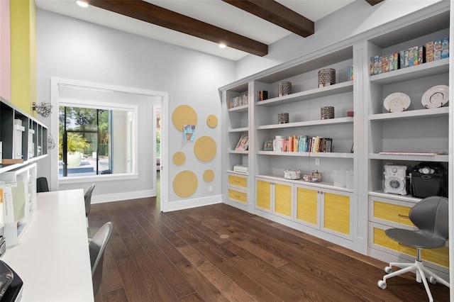 office with beamed ceiling and dark hardwood / wood-style floors