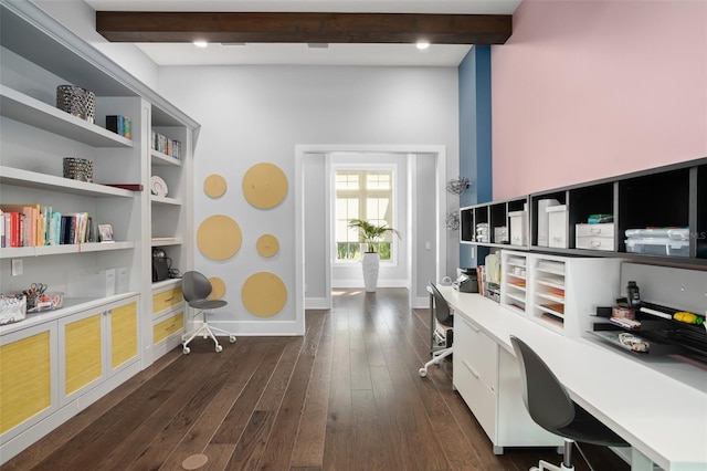 office area featuring dark wood-type flooring and beamed ceiling