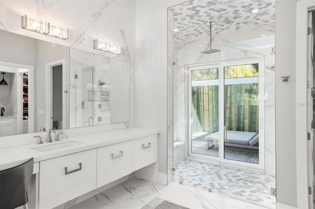 bathroom featuring vanity and walk in shower