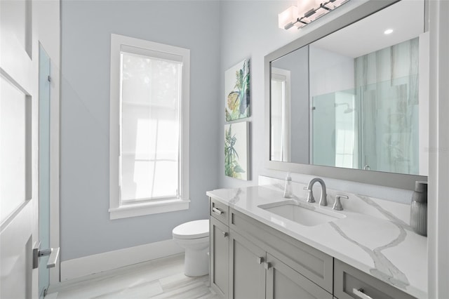 bathroom with vanity, toilet, and walk in shower