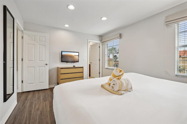 bedroom featuring multiple windows and dark wood-type flooring