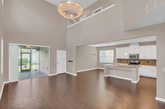 unfurnished living room featuring a healthy amount of sunlight, sink, dark wood-type flooring, and a high ceiling