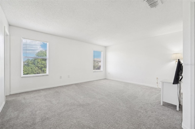 unfurnished living room with a textured ceiling and light colored carpet